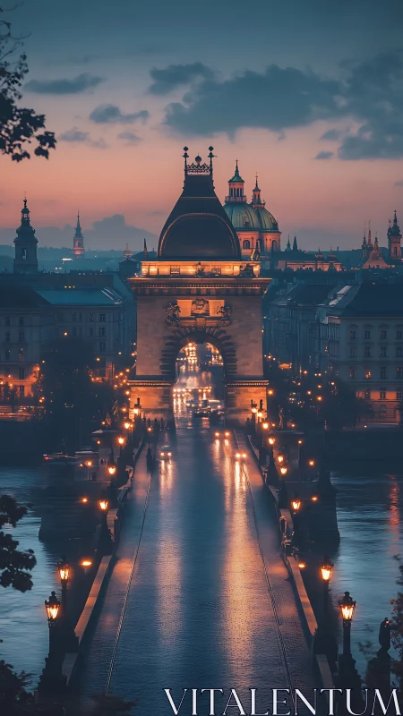 Soft twilight glows over a historic bridge and grand skyline