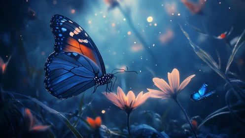 Moonlit blue butterflies rest gently among glowing flowers