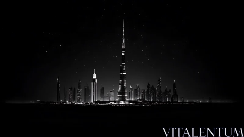 Monochrome night skyline with central illuminated skyscraper.