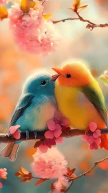 Two stylized birds perch on a flowering branch in soft focus