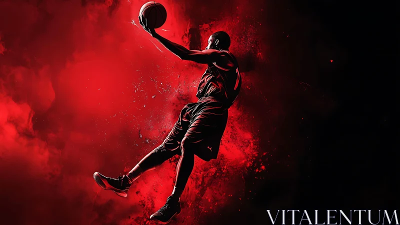Kinetic red-contrast digital painting of airborne basketball dunk.