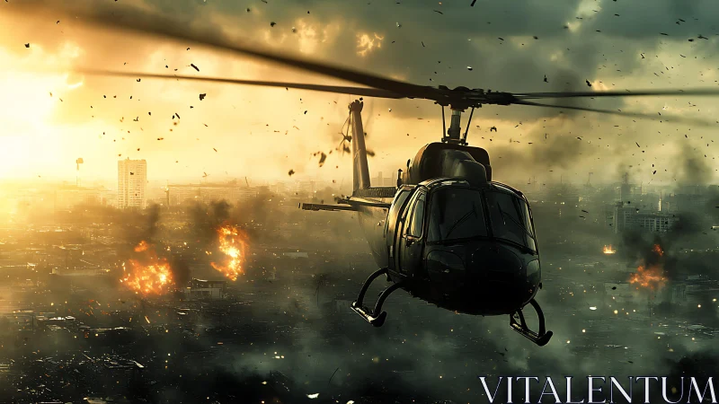 Rotor blades carve burning light through the ruined skyline