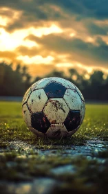 Weathered soccer ball rests on wet grass under cloudy sky
