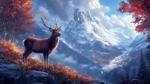 Stag stands on an autumn hillside before a snow-covered peak