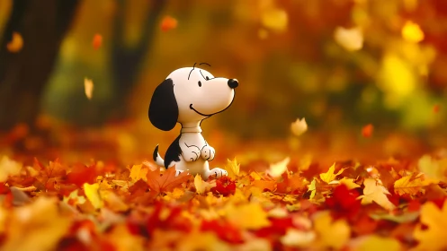 Cartoon beagle amid bokeh-blurred autumn foliage carpet.