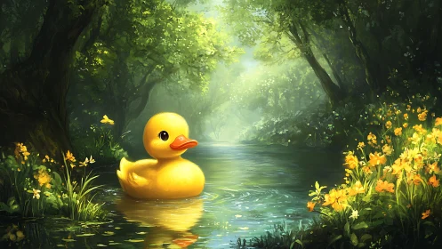 Rubber duck drifts through luminous forest stream in profile