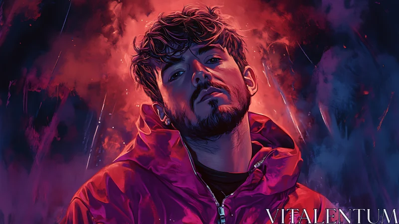 Moody digital portrait shows man in vibrant red jacket