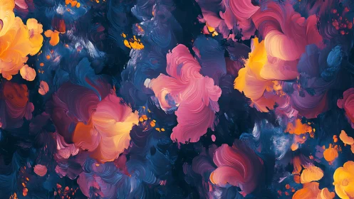 Vibrant swirling petals glow over deep midnight blues.