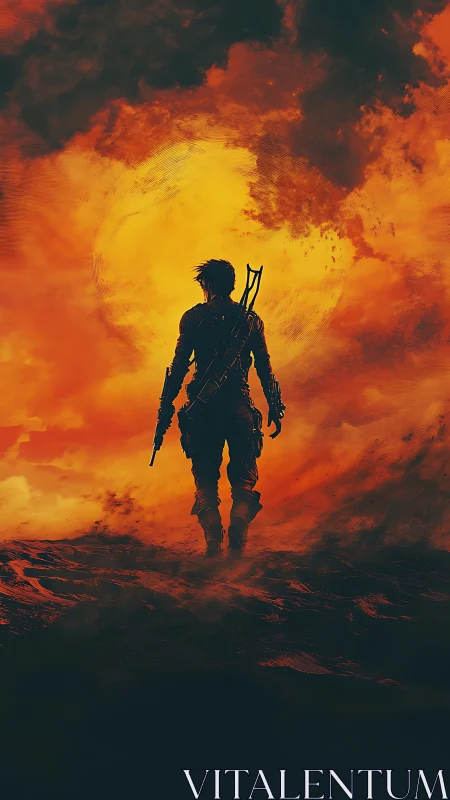 Lone warrior silhouette against infernal solar vortex.