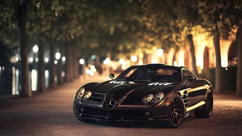 Midnight stroll with a sleek black city supercar.