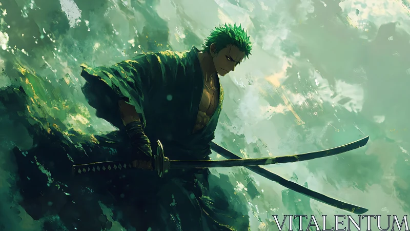 Green-haired swordsman with dual katanas in misty environment.