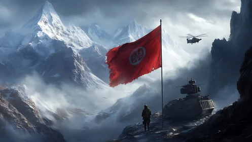 Military outpost with red flag in snowy mountain range.