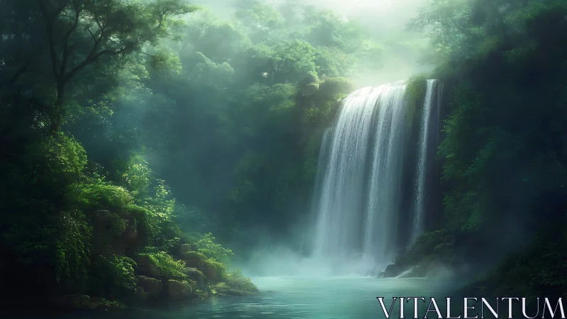 Misty waterfall cascading through dense forest canopy