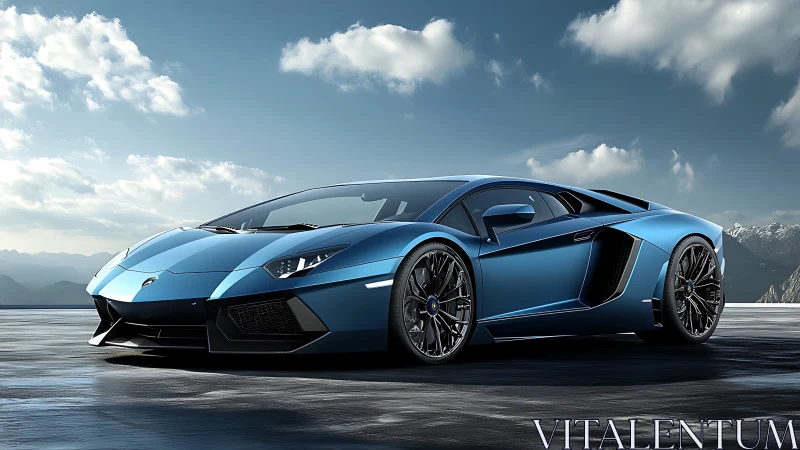 Blue supercar stands on open asphalt under bright sky