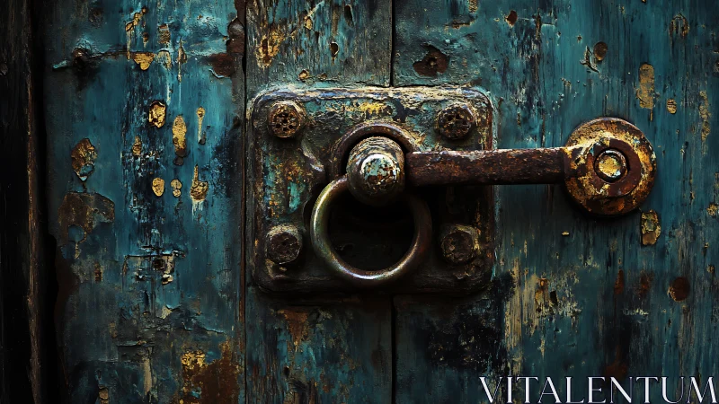 Rusty blue door latch quietly rehearses forgotten stories