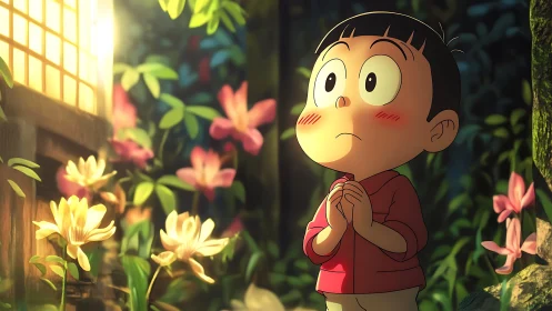 Anime child in luminous garden gazing toward glowing shoji window