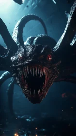 Nightmarish multi-tentacled monster lunging in dark cavern
