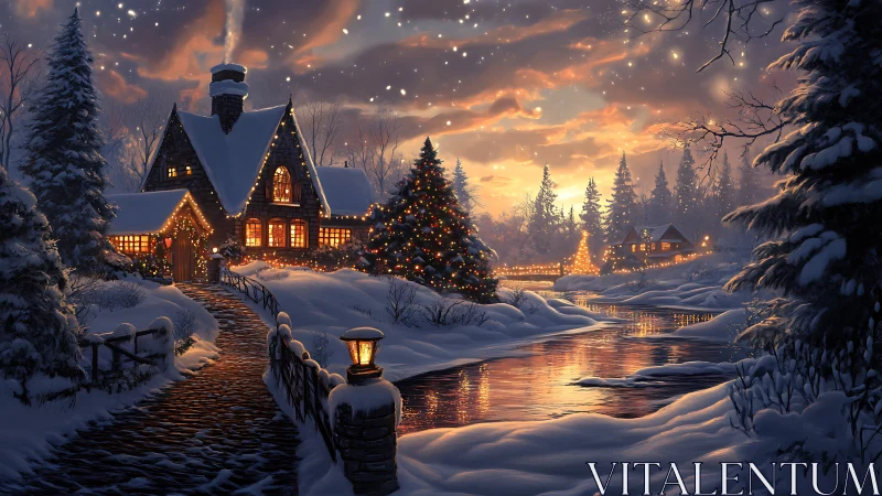 Snowy riverside cottage glows under a starlit winter sky.