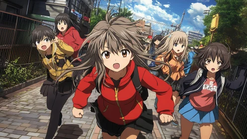 Anime schoolgirls running together on a city street.