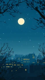 Nocturnal cityscape under full moon with stylized bokeh stars and silhouettes