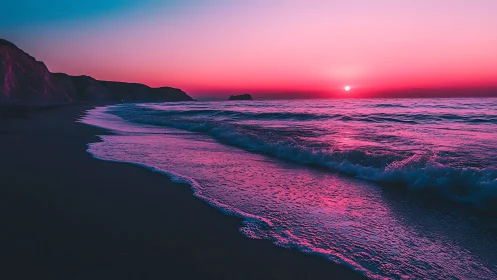 Neon-tide shoreline glowing under a magenta dream sunset.