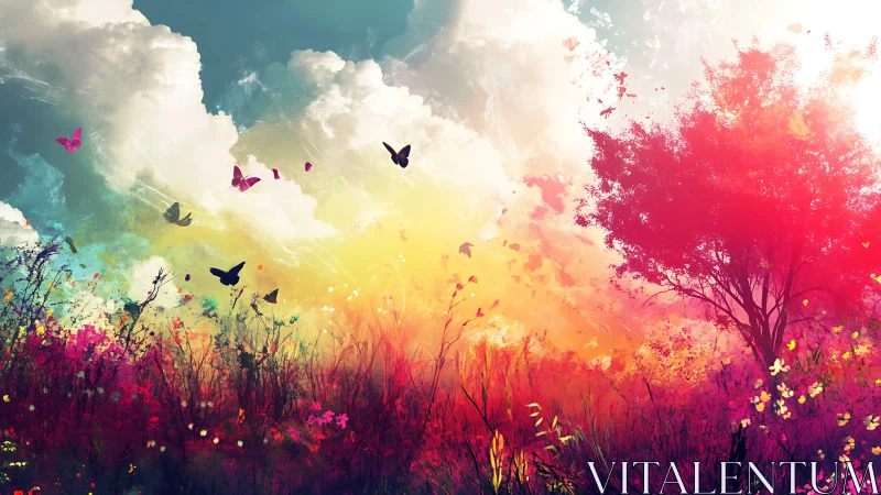 Chromatic meadowscape with silhouetted butterflies and radiance.