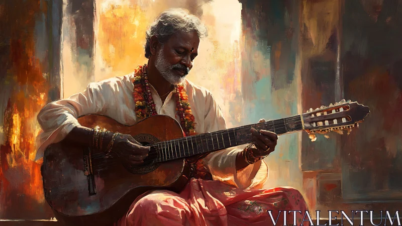 Elder musician in sunlit garlands strums a soulful guitar.