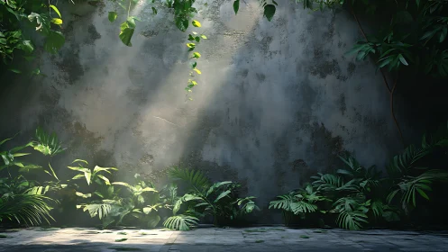 Sunlit jungle leaves soften a weathered concrete wall.