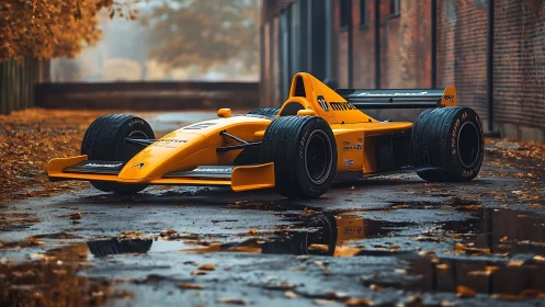 Autumn alley hosts vivid yellow Formula racer in puddles.