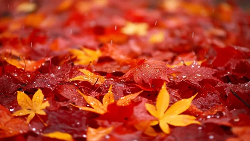 Crimson maple leaves glistening under gentle autumn rain.