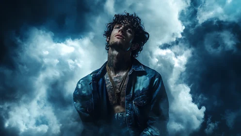 Moody low key portrait isolates tattooed subject in volumetric clouds