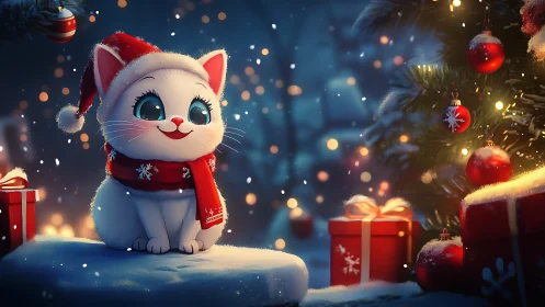 Festive feline in luminous winter bokeh environment.