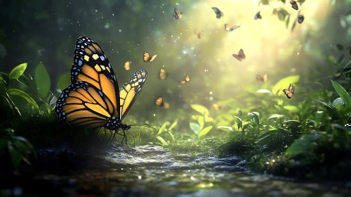 Monarch butterfly in a sunlit forest, magical realism style.