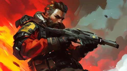 Armored soldier grips rifle against intense fiery backdrop