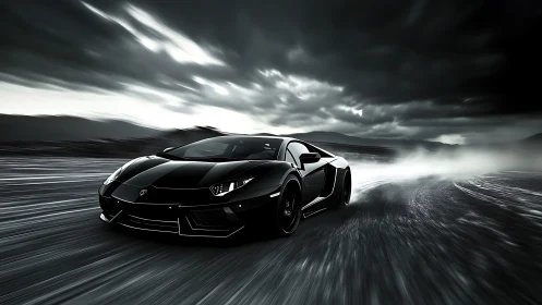 Photorealistic black supercar in dynamic cinematic motion study.