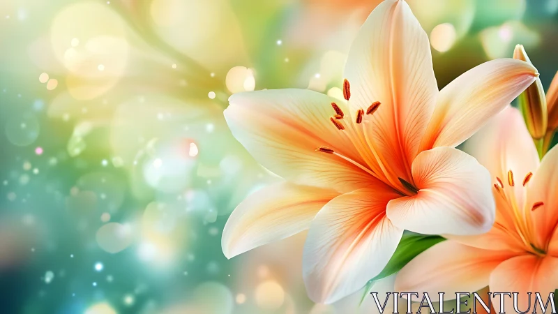 Serene lilies with peach and orange stamen in dreamy bokeh.