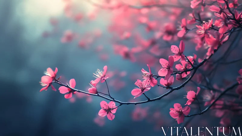 Pink flowering branches photographed against softly blurred background