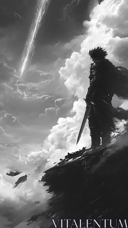 Dark armored knight overlooking storm-split celestial sky.