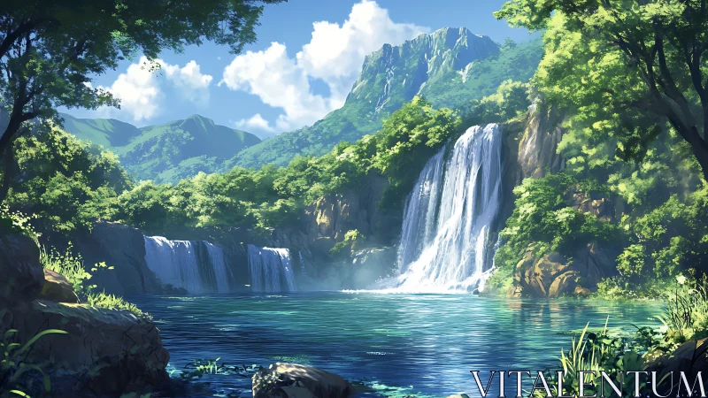 Digital painting of terraced waterfalls in sunlit forest basin.
