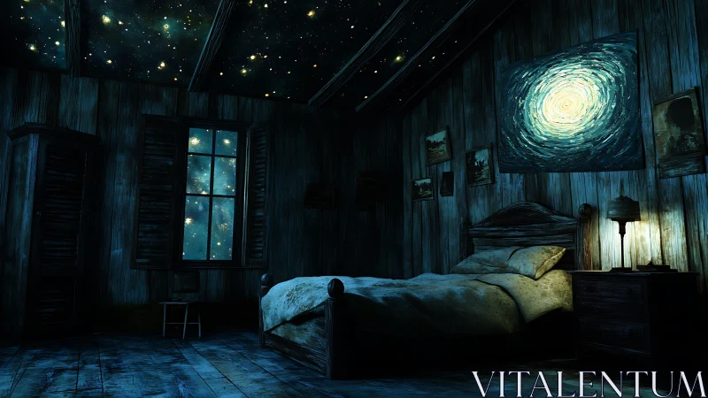 Wooden bedroom interior under starry ceiling and window view.