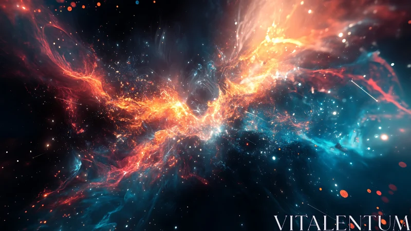 Celestial firestorm collides with sapphire nebula in deep space.