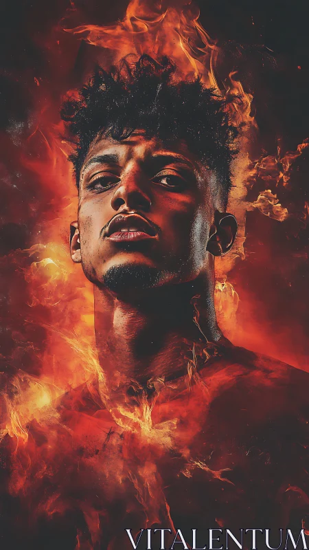 Fiery portrait of a confident man rising through embers.