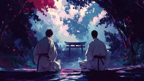 Twin martial spirits kneel beneath a twilight shrine sky.