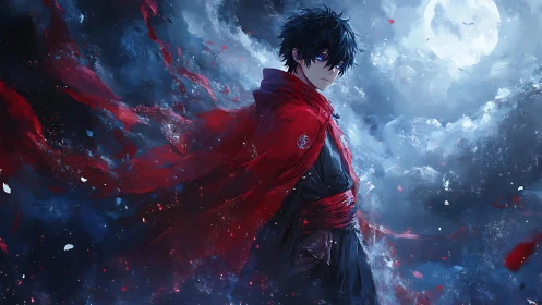 Nocturnal warrior in crimson cloak under luminous moon.