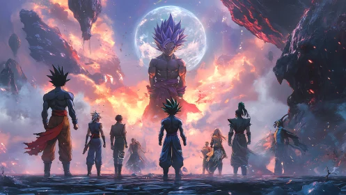 Celestial confrontation with colossal aura-lit warrior under fractured sky