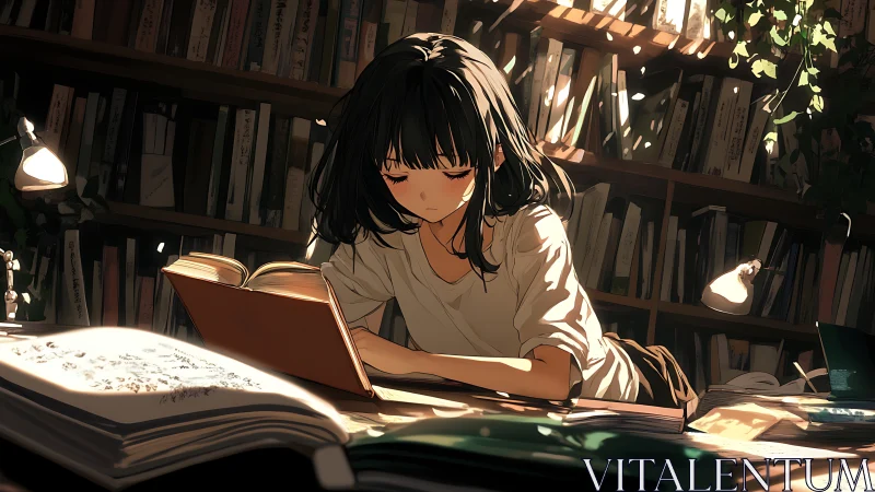 Midnight library daydream with a quietly fierce reader.