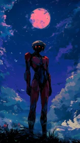 Cybernetic sentinel under neon moonlit storm sky.