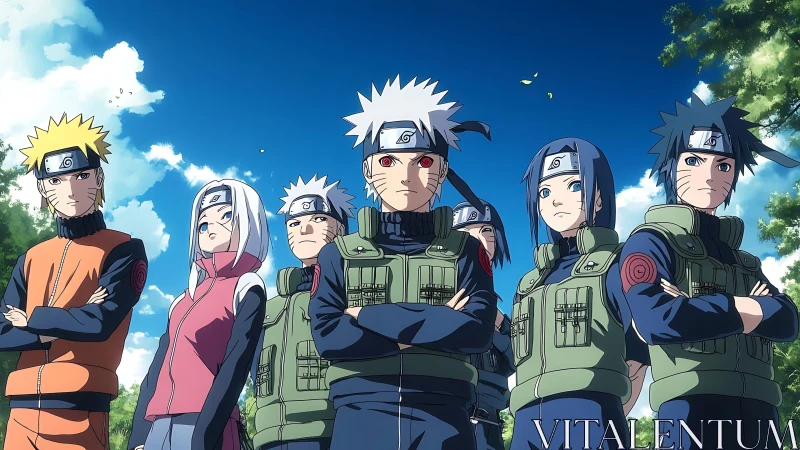Anime ninja squad in low-angle ensemble under clear sky