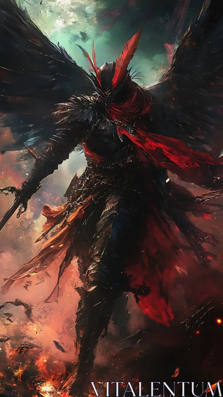 Winged infernal knight advances through incandescent storm