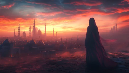 Cloaked figure overlooking glowing domed city at dusk.